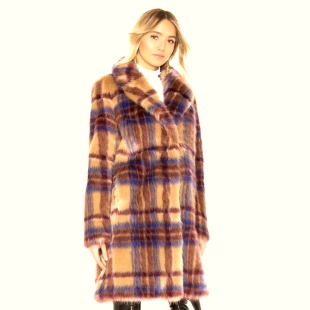 MAJORELLE Fifi Faux Fur Plaid Coat